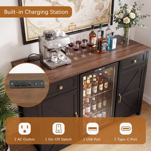 English Elm Farmhouse Barn Door Buffet Cabinet with Mini Fridge Space and Built-In Charging Black W2917S00023