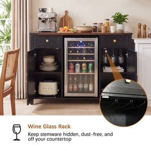 English Elm Farmhouse Barn Door Buffet Cabinet with Mini Fridge Space and Built-In Charging Black W2917S00023