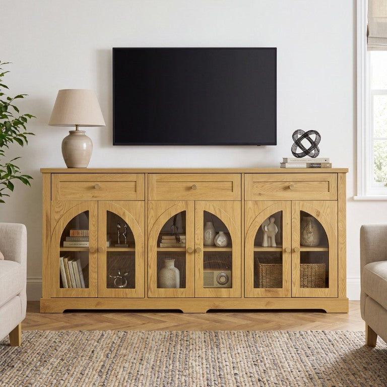 English Elm 68 Inch Modern Arched Glass Credenza with Six Soft Close Doors and Adjustable Shelves Natural W2917S00027