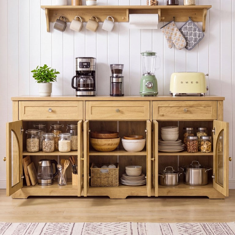 English Elm 68 Inch Modern Arched Glass Credenza with Six Soft Close Doors and Adjustable Shelves Natural W2917S00027