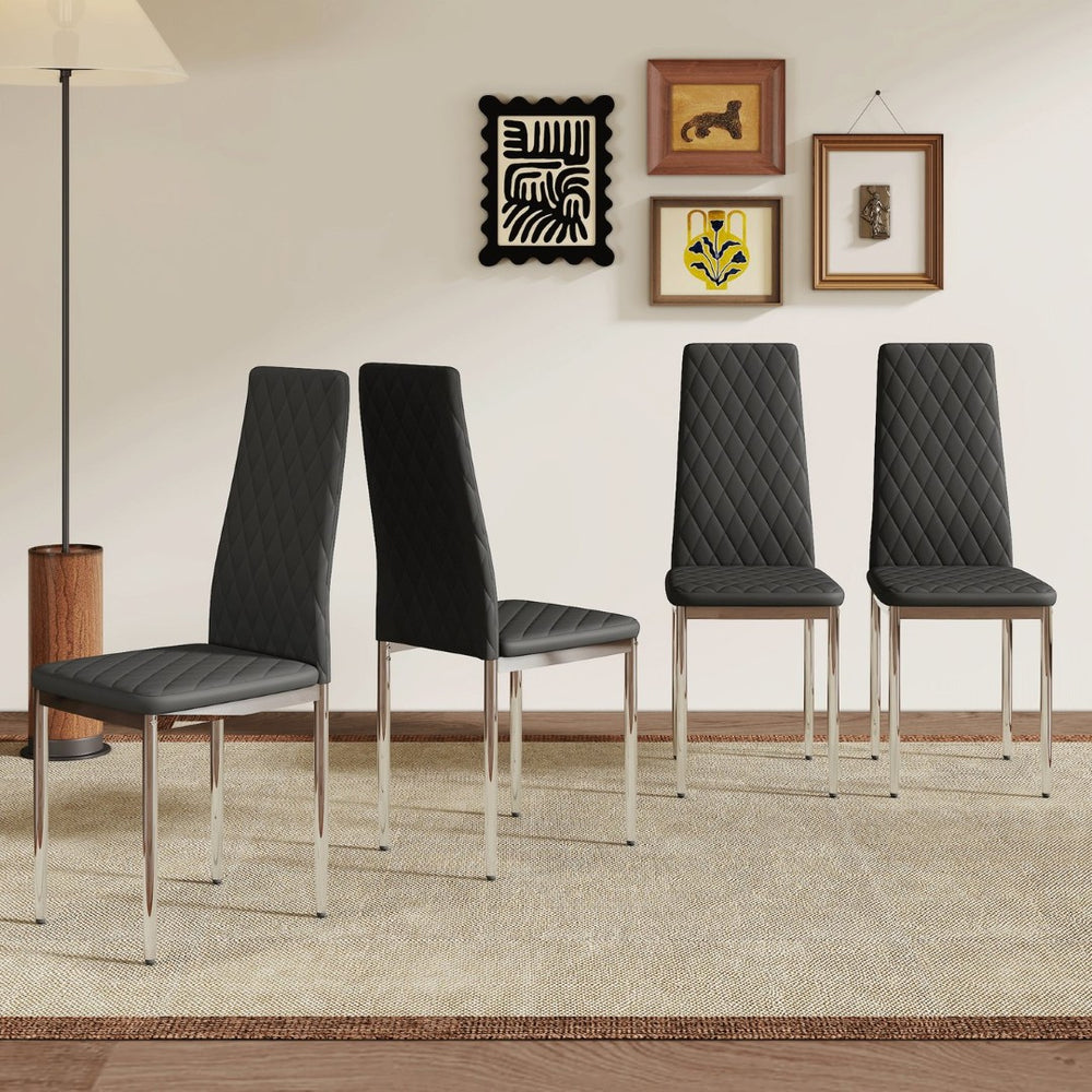 English Elm Modern Diamond Quilted PU Leather Dining Chair Set with Silver Metal Legs for Four Black+Silver W2920P264322