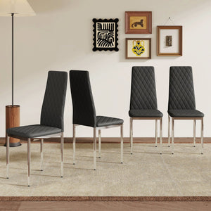 English Elm Modern Diamond Quilted PU Leather Dining Chair Set with Silver Metal Legs for Four Black+Silver W2920P264322