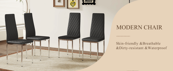 English Elm Modern Diamond Quilted PU Leather Dining Chair Set with Silver Metal Legs for Four Black+Silver W2920P264322
