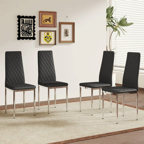 English Elm Modern Diamond Quilted PU Leather Dining Chair Set with Silver Metal Legs for Four Black+Silver W2920P264322