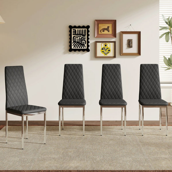 English Elm Modern Diamond Quilted PU Leather Dining Chair Set with Silver Metal Legs for Four Black+Silver W2920P264322