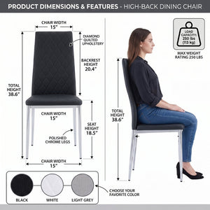 English Elm Modern Diamond Quilted PU Leather Dining Chair Set with Silver Metal Legs for Four Black+Silver W2920P264322