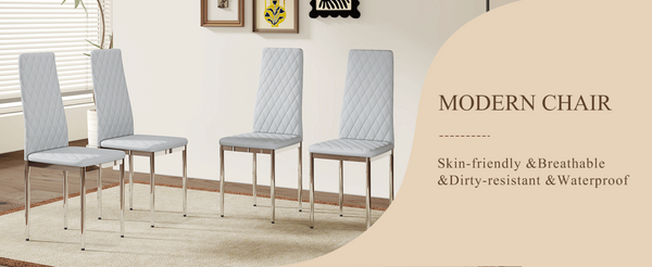 English Elm Modern Diamond Quilted PU Leather Dining Chair Set with Silver Metal Legs for Four Light Gray+Silver W2920P264323