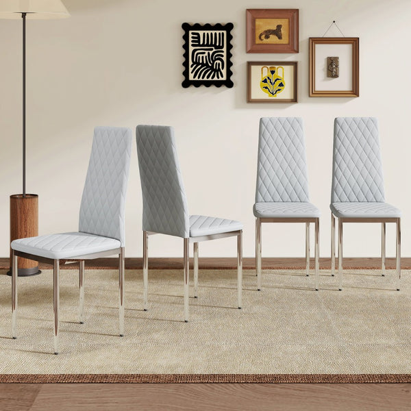 English Elm Modern Diamond Quilted PU Leather Dining Chair Set with Silver Metal Legs for Four Light Gray+Silver W2920P264323