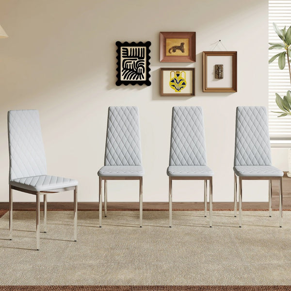 English Elm Modern Diamond Quilted PU Leather Dining Chair Set with Silver Metal Legs for Four Light Gray+Silver W2920P264323