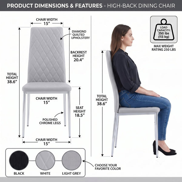 English Elm Modern Diamond Quilted PU Leather Dining Chair Set with Silver Metal Legs for Four Light Gray+Silver W2920P264323