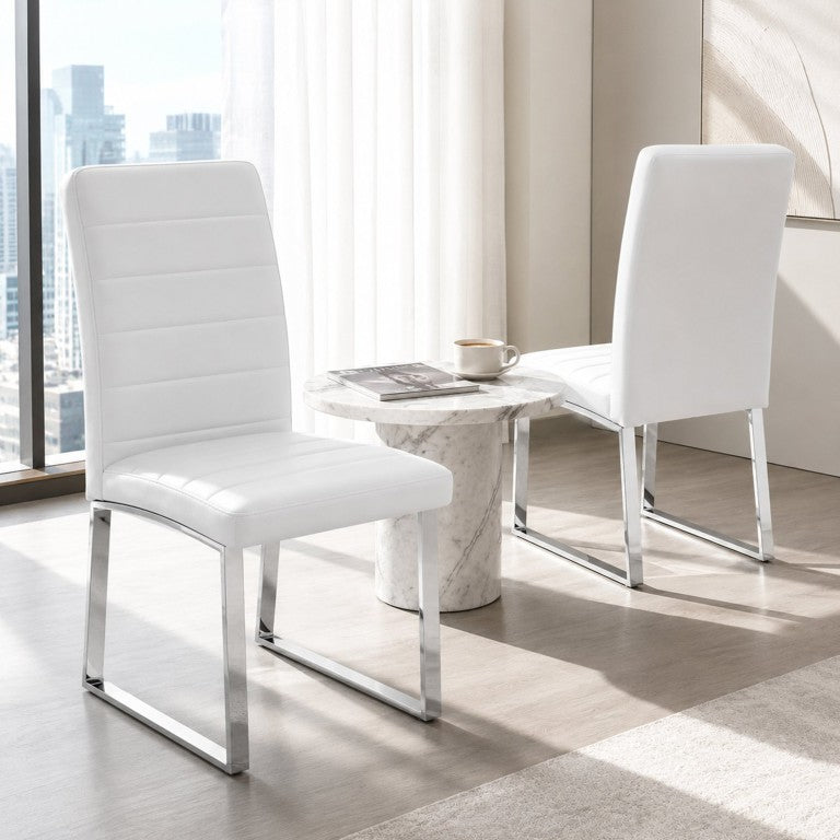 English Elm Sleek Oversized PU Leather Dining Chairs with Silver Iron Legs for Modern Spaces White W2920P294511