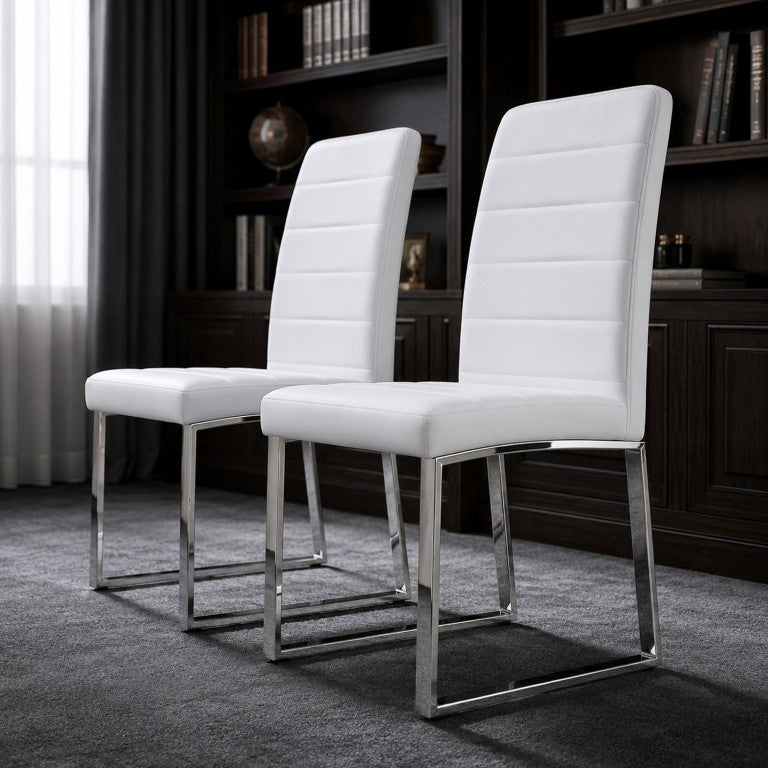 English Elm Sleek Oversized PU Leather Dining Chairs with Silver Iron Legs for Modern Spaces White W2920P294511