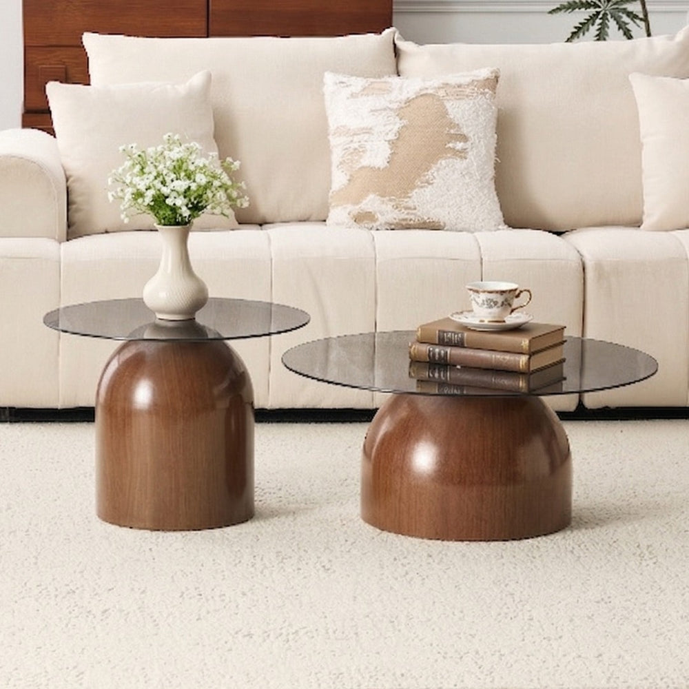 English Elm Nesting Coffee Tables Set of 2 Round Tempered Glass Tops Walnut Steel Base Modern W2920P438804