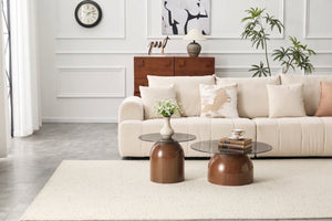 English Elm Nesting Coffee Tables Set of 2 Round Tempered Glass Tops Walnut Steel Base Modern W2920P438804