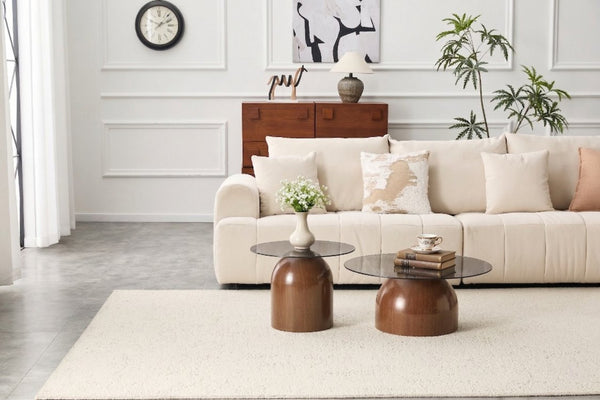 English Elm Nesting Coffee Tables Set of 2 Round Tempered Glass Tops Walnut Steel Base Modern W2920P438804