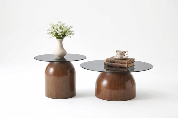 English Elm Nesting Coffee Tables Set of 2 Round Tempered Glass Tops Walnut Steel Base Modern W2920P438804