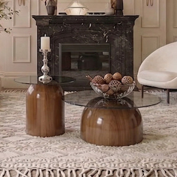 English Elm Nesting Coffee Tables Set of 2 Round Tempered Glass Tops Walnut Steel Base Modern W2920P438804