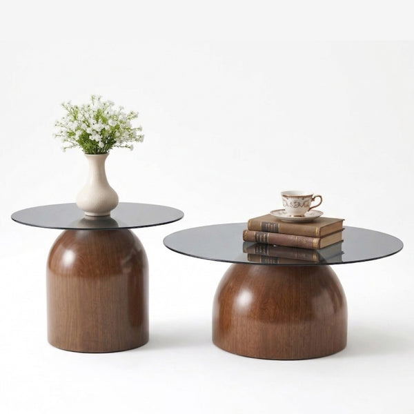 English Elm Nesting Coffee Tables Set of 2 Round Tempered Glass Tops Walnut Steel Base Modern W2920P438804