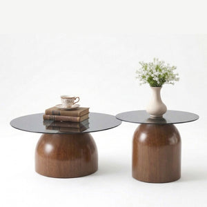 English Elm Nesting Coffee Tables Set of 2 Round Tempered Glass Tops Walnut Steel Base Modern W2920P438804