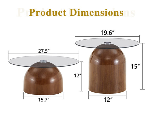 English Elm Nesting Coffee Tables Set of 2 Round Tempered Glass Tops Walnut Steel Base Modern W2920P438804