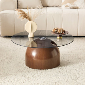 English Elm Nesting Coffee Tables Set of 2 Round Tempered Glass Tops Walnut Steel Base Modern W2920P438804