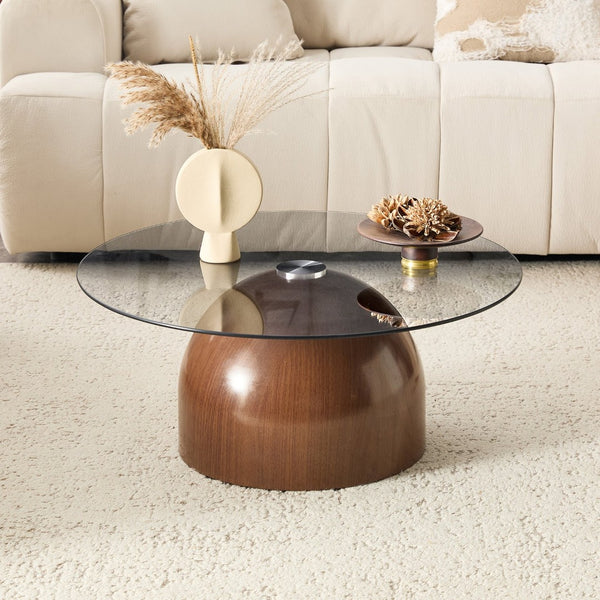 English Elm Nesting Coffee Tables Set of 2 Round Tempered Glass Tops Walnut Steel Base Modern W2920P438804