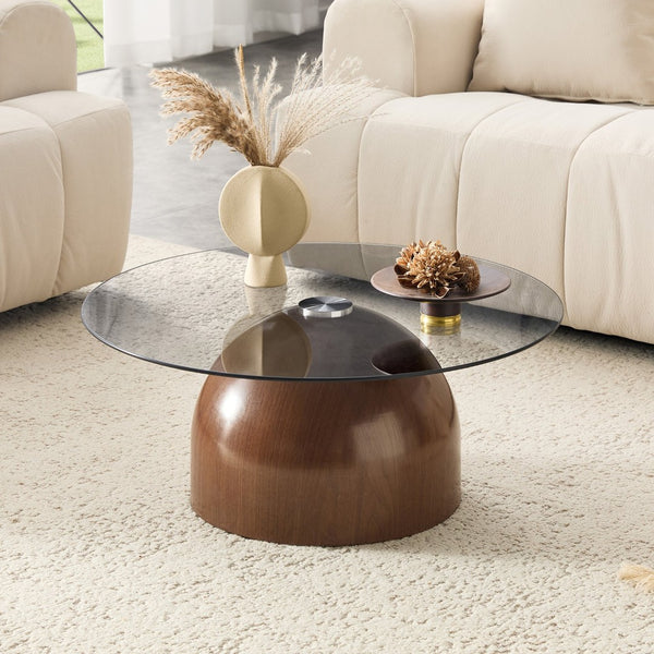 English Elm Nesting Coffee Tables Set of 2 Round Tempered Glass Tops Walnut Steel Base Modern W2920P438804