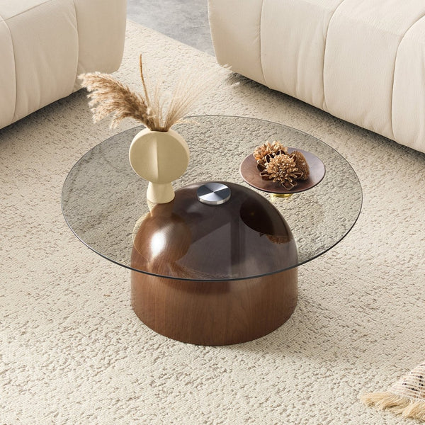 English Elm Nesting Coffee Tables Set of 2 Round Tempered Glass Tops Walnut Steel Base Modern W2920P438804