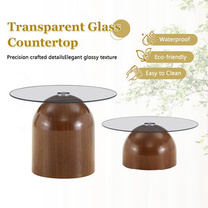 English Elm Nesting Coffee Tables Set of 2 Round Tempered Glass Tops Walnut Steel Base Modern W2920P438804