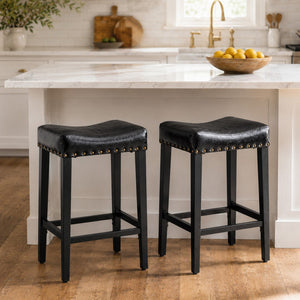 English Elm Bar Stools Set of 2 Saddle Seat Oil Wax Leather Counter Height Kitchen Island W2920P440002