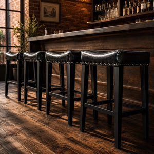 English Elm Bar Stools Set of 2 Saddle Seat Oil Wax Leather Counter Height Kitchen Island W2920P440002