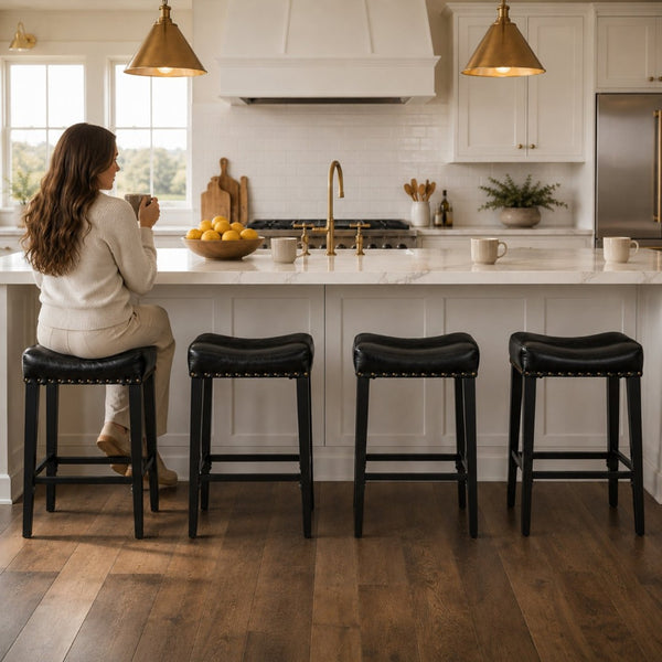 English Elm Bar Stools Set of 2 Saddle Seat Oil Wax Leather Counter Height Kitchen Island W2920P440002