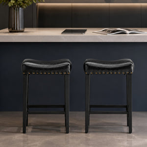 English Elm Bar Stools Set of 2 Saddle Seat Oil Wax Leather Counter Height Kitchen Island W2920P440002
