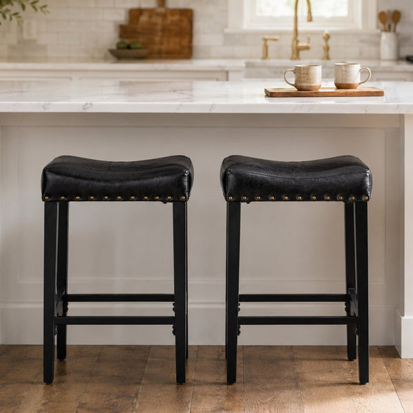 English Elm Bar Stools Set of 2 Saddle Seat Oil Wax Leather Counter Height Kitchen Island W2920P440002