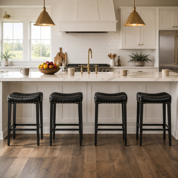 English Elm Bar Stools Set of 2 Saddle Seat Oil Wax Leather Counter Height Kitchen Island W2920P440002