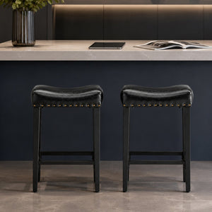 English Elm Bar Stools Set of 2 Saddle Seat Oil Wax Leather Counter Height Kitchen Island W2920P440002