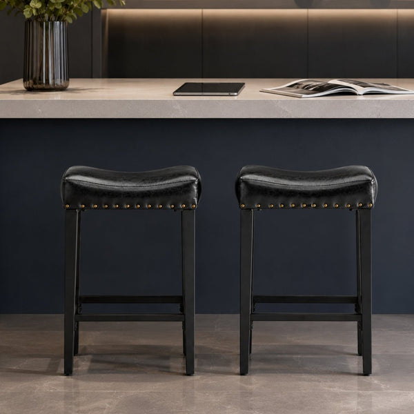 English Elm Bar Stools Set of 2 Saddle Seat Oil Wax Leather Counter Height Kitchen Island W2920P440002
