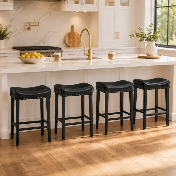 English Elm Bar Stools Set of 2 Saddle Seat Oil Wax Leather Counter Height Kitchen Island W2920P440002