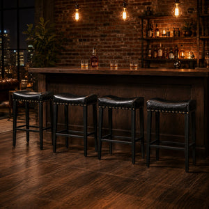 English Elm Bar Stools Set of 2 Saddle Seat Oil Wax Leather Counter Height Kitchen Island W2920P440002