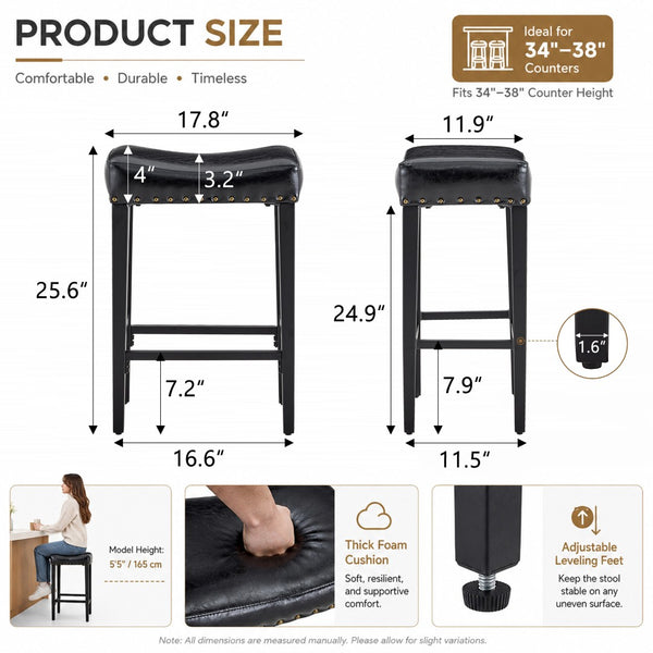 English Elm Bar Stools Set of 2 Saddle Seat Oil Wax Leather Counter Height Kitchen Island W2920P440002