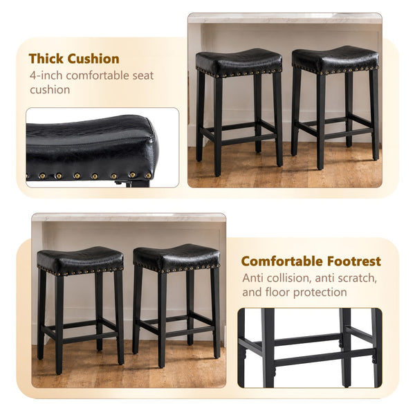English Elm Bar Stools Set of 2 Saddle Seat Oil Wax Leather Counter Height Kitchen Island W2920P440002