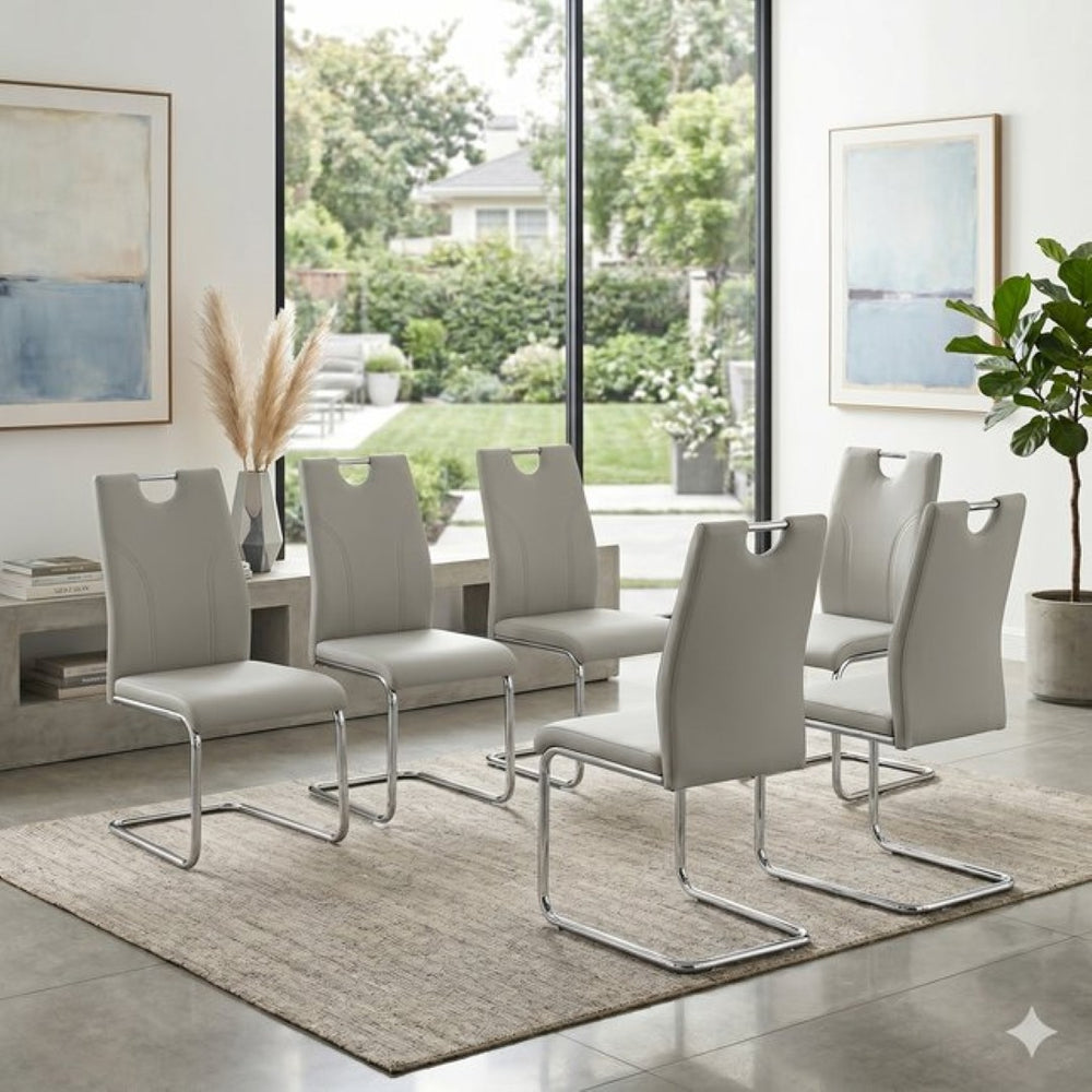 English Elm Grey PU Leather Dining Chair Set of 6 with Ergonomic Back and Silver Metal Legs W2920P454716