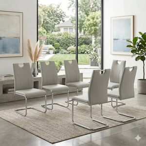 English Elm Grey PU Leather Dining Chair Set of 6 with Ergonomic Back and Silver Metal Legs W2920P454716
