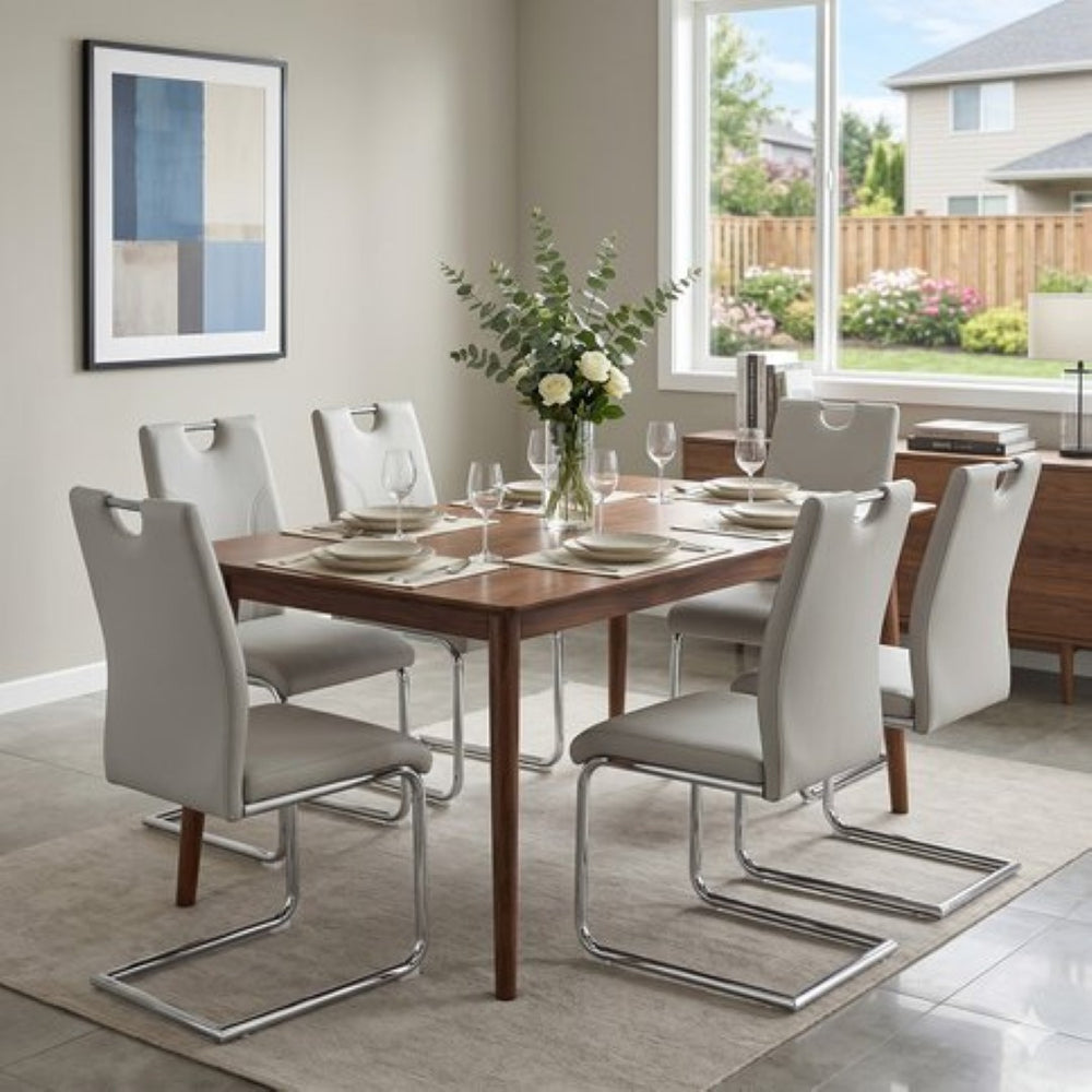English Elm Grey PU Leather Dining Chair Set of 6 with Ergonomic Back and Silver Metal Legs W2920P454716