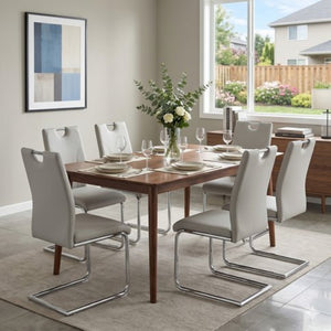 English Elm Grey PU Leather Dining Chair Set of 6 with Ergonomic Back and Silver Metal Legs W2920P454716