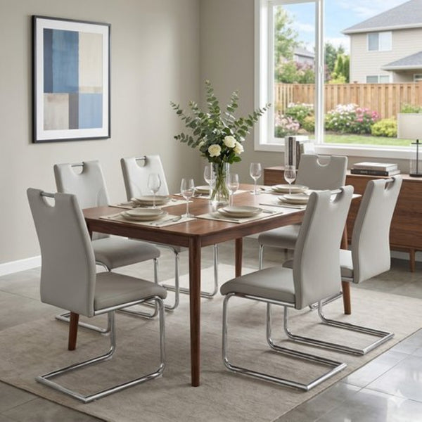 English Elm Grey PU Leather Dining Chair Set of 6 with Ergonomic Back and Silver Metal Legs W2920P454716