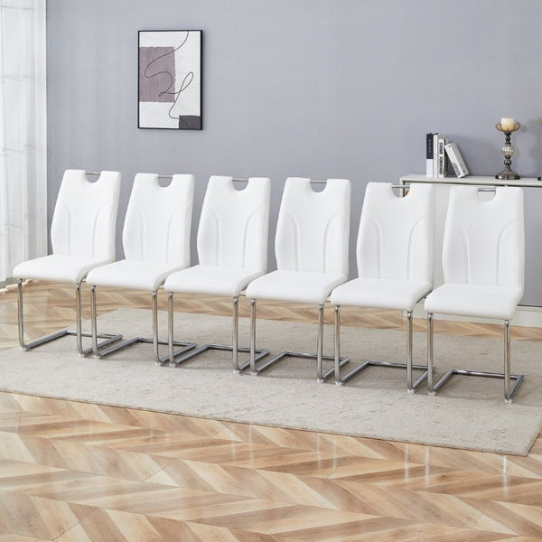 English Elm White PU Leather Dining Chair Set of Six with Ergonomic Back and Chrome Metal Legs W2920P454806