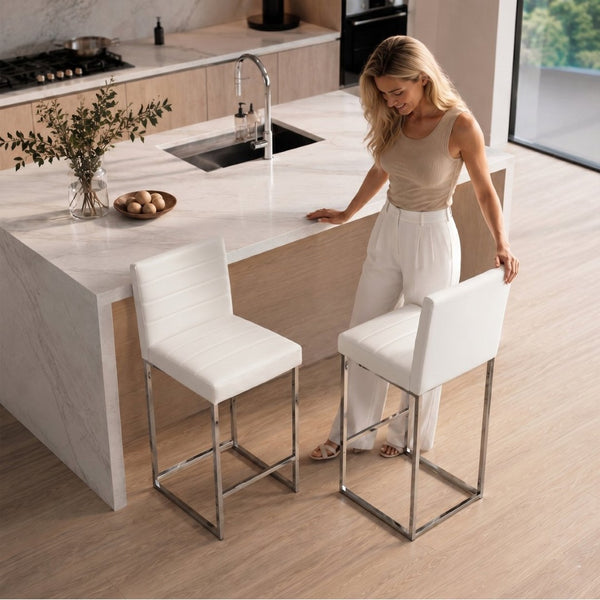 English Elm 25.6 Inch Counter Height Barstools Set of 2 PU Upholstered Metal Frame Kitchen Seating Silver+White W2920P462101
