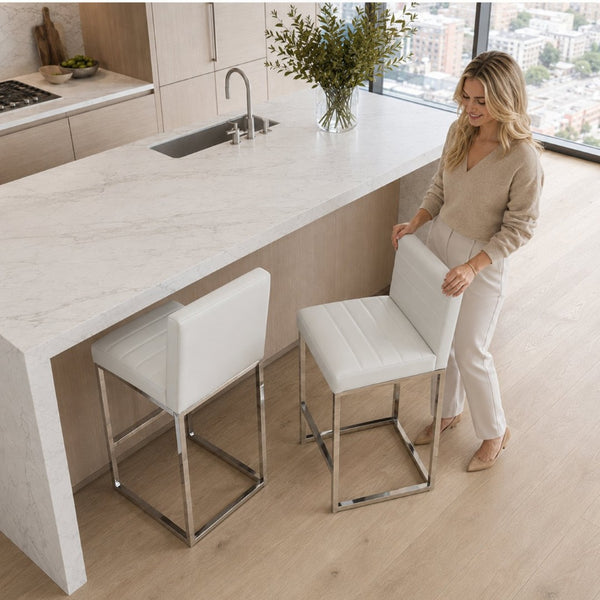 English Elm 25.6 Inch Counter Height Barstools Set of 2 PU Upholstered Metal Frame Kitchen Seating Silver+White W2920P462101