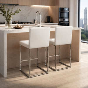 English Elm 25.6 Inch Counter Height Barstools Set of 2 PU Upholstered Metal Frame Kitchen Seating Silver+White W2920P462101
